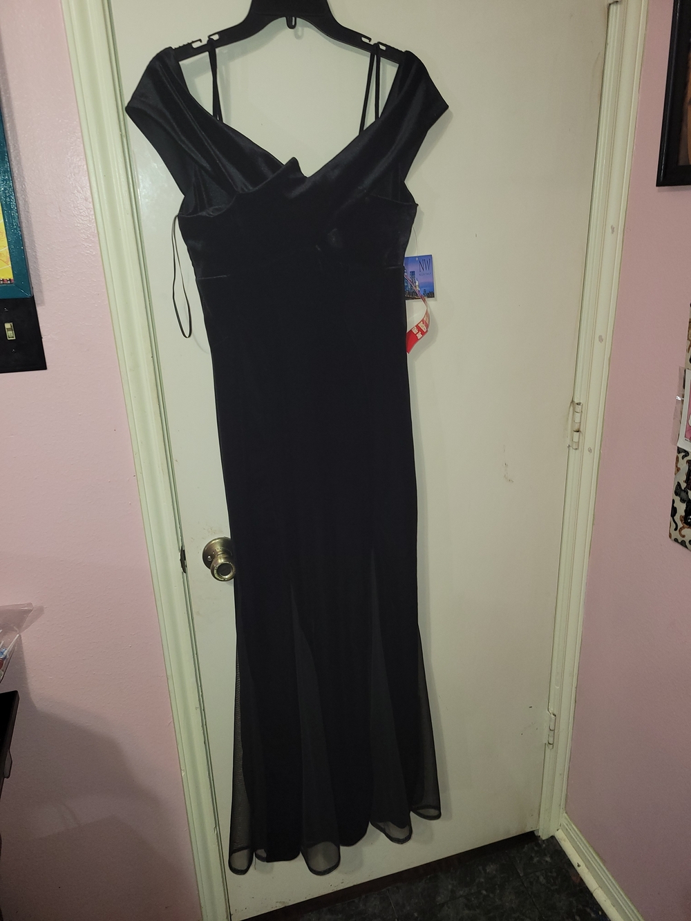 Night Way Collections Black Satin & Sheer Chiffon Maxi Gown
